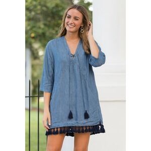 Rails blue chambray denim tassel elena‎ mini dress small boho southern vacation